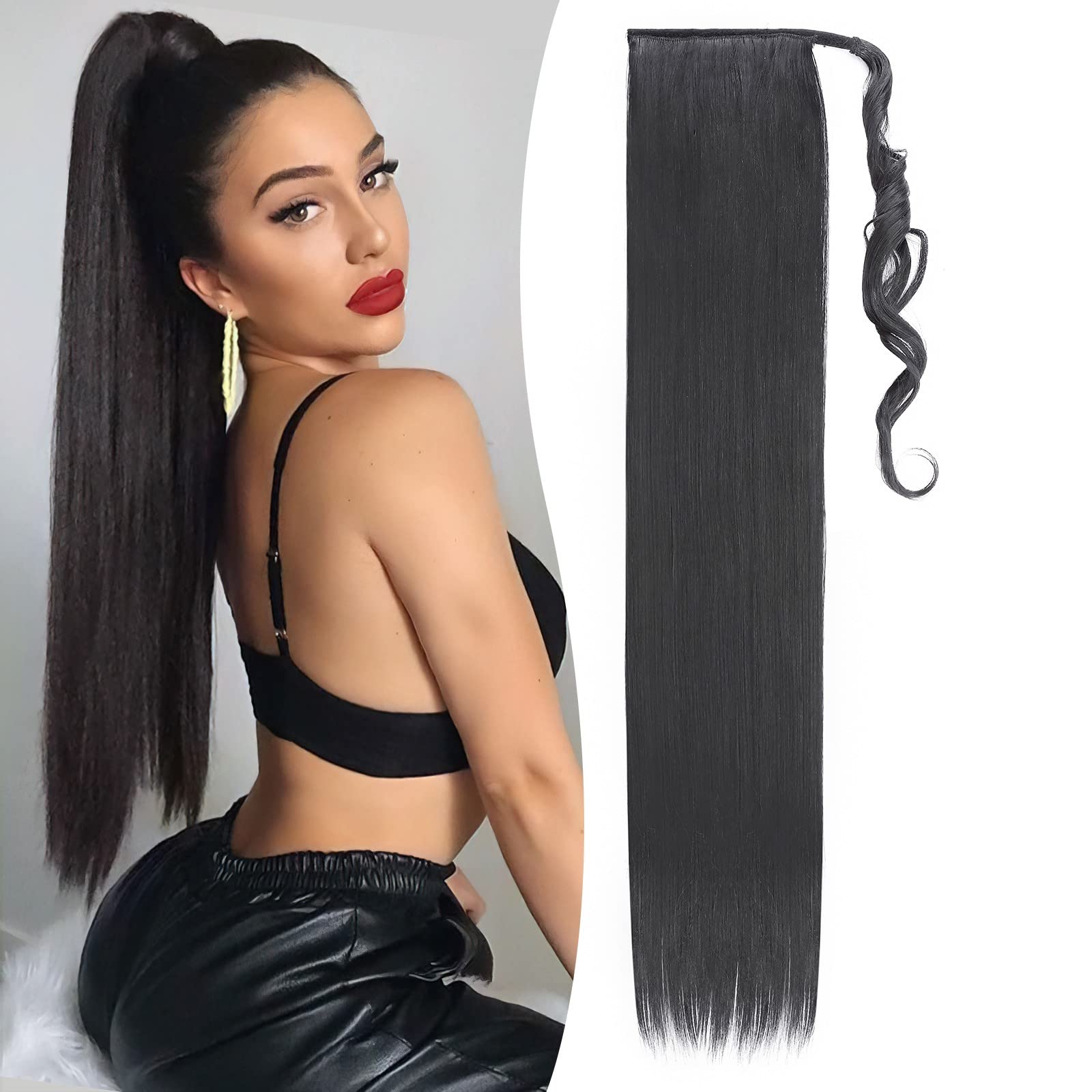 Benehair Ponytail Extension 32 Inches Long Wrap Around Ponytail Hair Extension Straight Synthetic Braid Extensions Clip in Hairpiece for Women Off Black — image 1