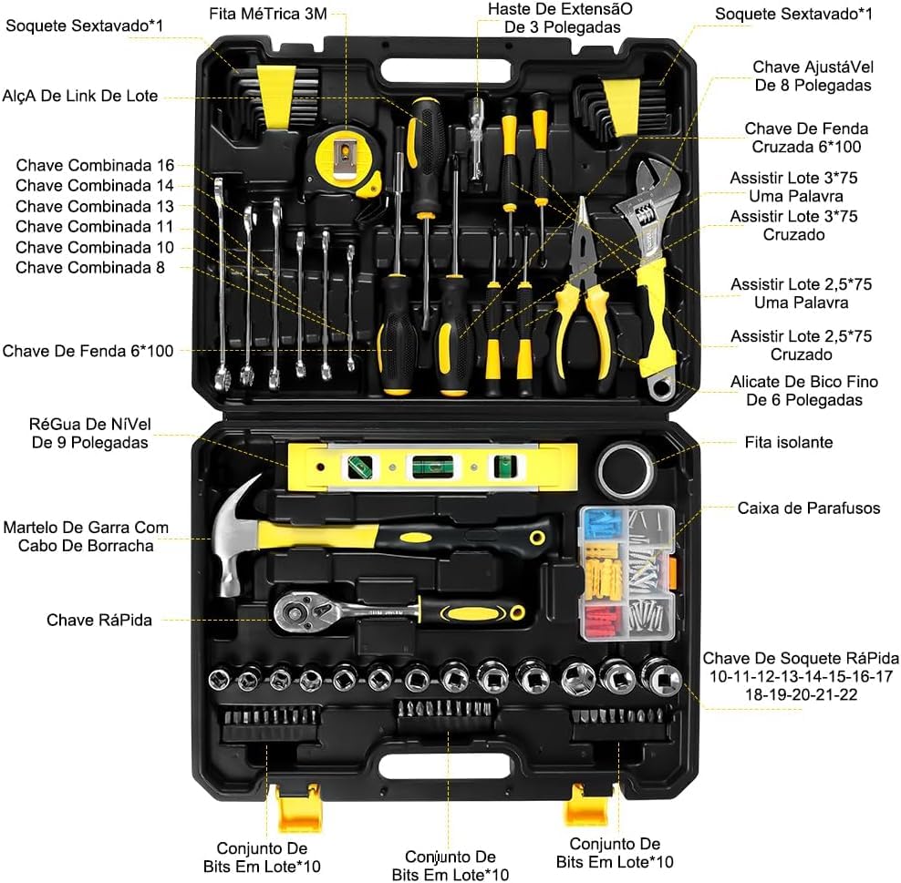 Kit Ferramentas Completo, 108 Peças Caixa de Ferramentas Manuais Profissionais para Reparos e Montagens em Casa, Oficina, Carros e Projetos DIY Maleta de Ferramentas