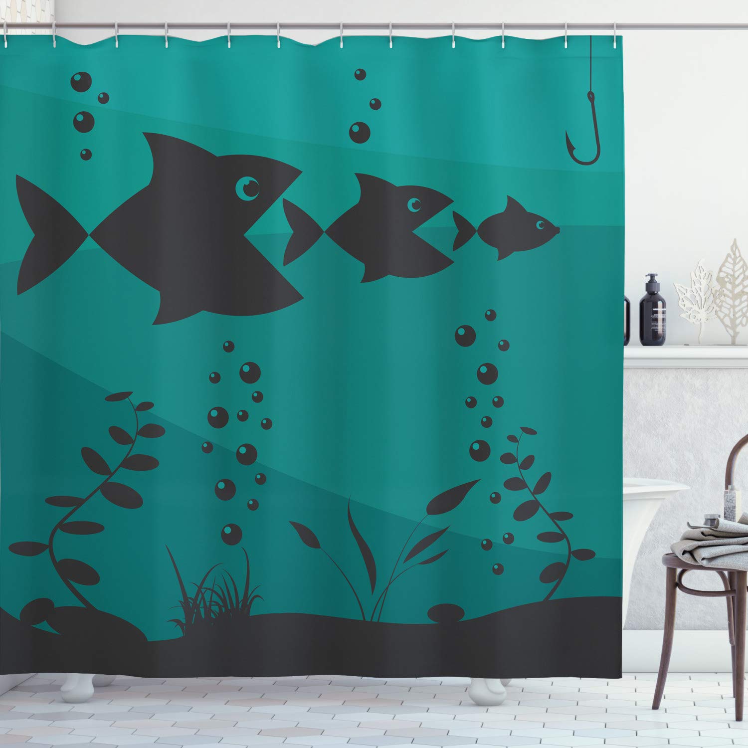 Fishing Decor Shower Curtain by Ambesonne, Composition with Open Mouth Lined Up