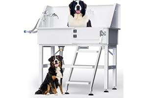 DYTREND White Dog Washing Station for Home, Professional 38" Stainless Steel Dog Bathing Station, Height Adjustable Dog Grooming Tub w/Stair, Storage Drawer, Upgrade Parts(Right Stair)