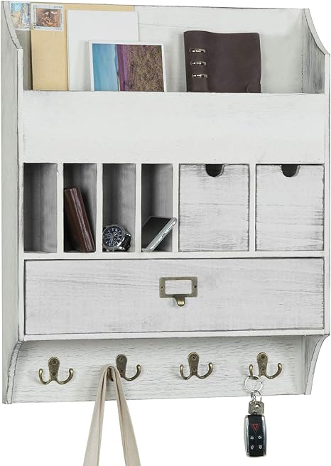 MyGift Shabby Chic Wand-Organizer aus Holz, Weiß mit Briefschlitzen