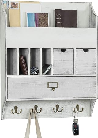 MyGift Shabby Chic Wand-Organizer aus Holz, Weiß mit Briefschlitzen