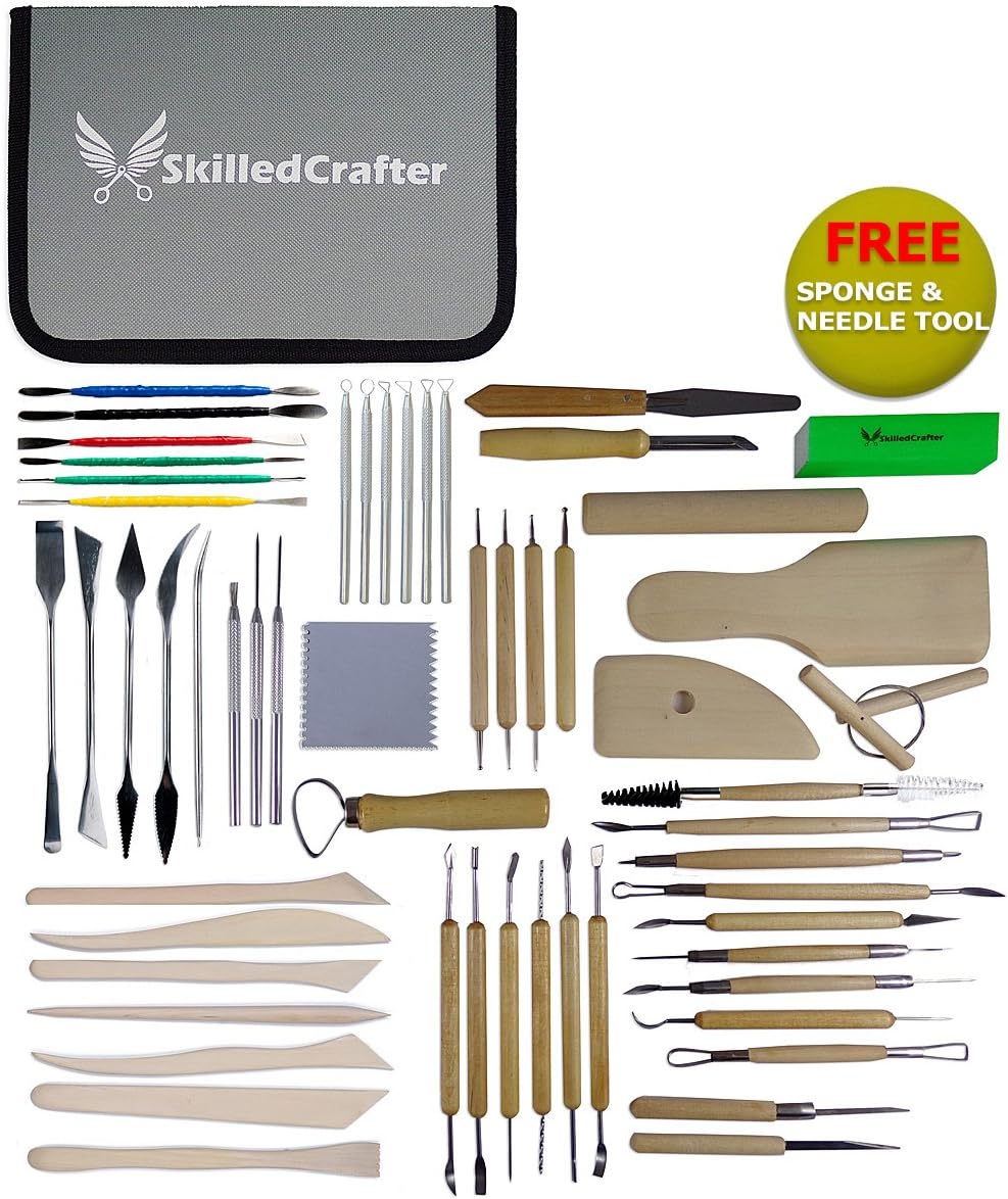 Skilled Crafter Polymer Clay Tools. Premium 60 Piece Sculpting Set with Over 100 Detailing Shapes for Many Techniques + Free Handy Needle Tool & Sponge for Wetting Clay. Get It All in 1 Kit