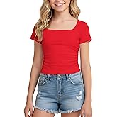 PATPAT Girls Short Sleeve T-Shirts Slim Fit Square Neck Basic Tees 5-16Y | Solid, 4-Way Stretch, Summer Casual Clothes, Base Layer Tops, Ruched Side, Breathable &amp; Durable, School/Daily Wear/Outdoor