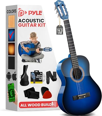 Pyle Beginner Acoustic Guitar 99 cm Classical Kit Nylon Strings Blue Burst Gloss