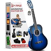Pyle 36" Classical Acoustic Guitar Kit-3/4 Size Handcrafted Wood Blue Burst Matte Finish Guitar, 6 Nylon Strings w/Gig Bag Tu