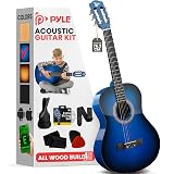 Pyle Beginner Acoustic Guitar Kit, 3/4 Junior Size All Wood Instrument with Full Accessory Kit, Picks, Shoulder Strap, Carry Case, Cleaning Cloth, Tuner App, 2 Month Lessons, 36” (Blue Burst Gloss)