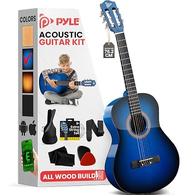 Pyle Beginner Acoustic Guitar Kit, 3/4 Junior Size All Wood Instrument with Full Accessory Kit, Picks, Shoulder Strap, Carry Case, Cleaning Cloth, Tuner App, 2 Month Lessons, 36” (Blue Burst Gloss)