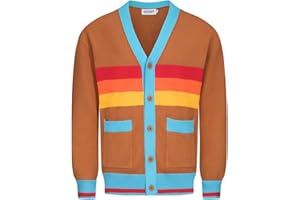 OXKNIT Men's Vintage Knitted Cardigan Sweater, 1960s Mod Style Retro Stripes Brown Button Long Sleeve Tops with Pocket