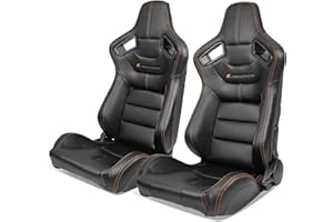 IKON MOTORSPORTS, Universal Racing Seats Pair with Dual Sliders, Black with Orange Stitch PU & Carbon Leather Reclinable Left Right
