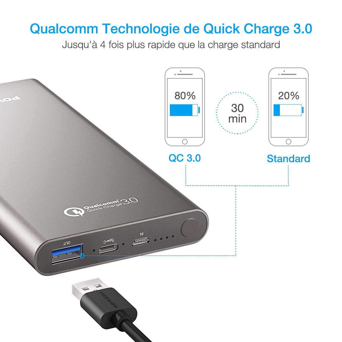 [Quick Charge 3.0] Poweradd 10 000 mAh USB Type-C Grande Capacité Chargeur Batterie Portable de Secours Externe avec sortie 4.8A pour iPhone, iPad, iPod, Samsung, et des autres téléphones(Adaptateur USB-C inclus)-Gris foncé