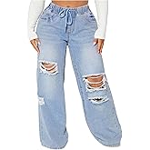 WDIRARA Women's Plus Size Drawstring Waist Ripped Jeans Distressed Baggy Denim Pants