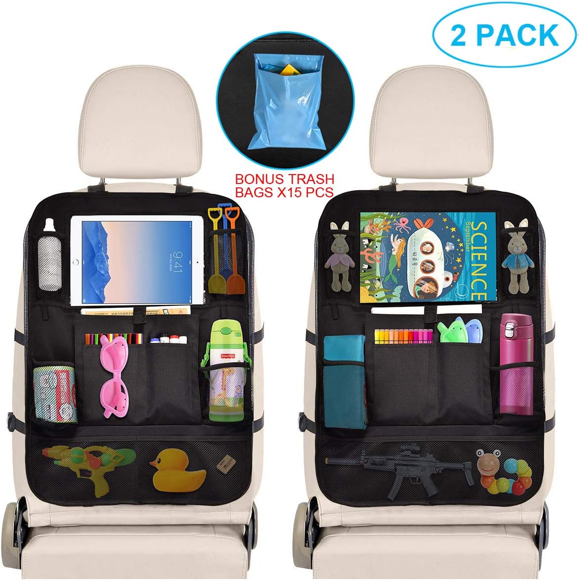Car Organizer Back Seat - Car Accessories Storage Organizer with Touchscreen Tablet Holder Multi-Pocket - Car Seat Back Protector Kick Mats - Automotive Travel Accessories for Kids Toddlers (2 Pack)