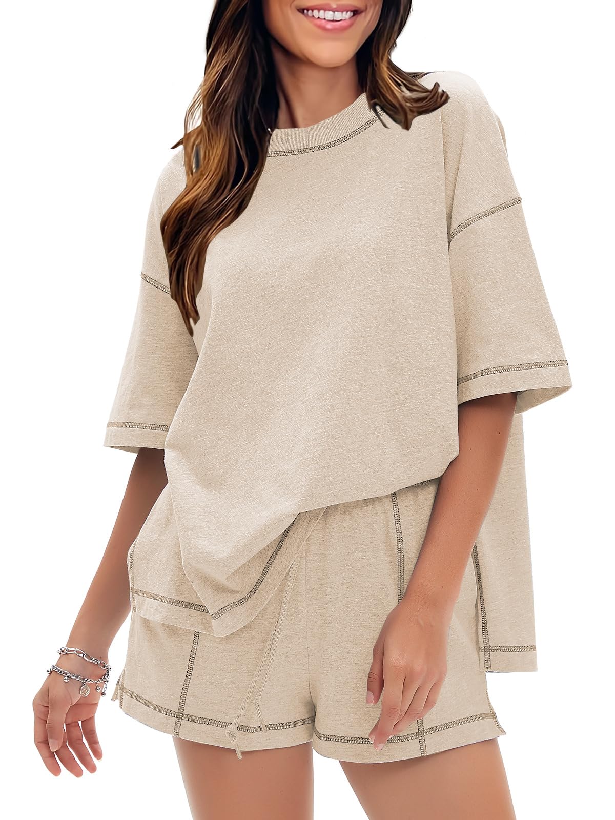 Photo 1 of *small* EXLURA Women's Casual Summer 2 Piece Sets 100% Cotton Short Sleeve Tshirt and Shorts Matching Sweatsuits Lounge Set 2025small