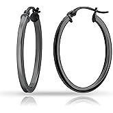 Hoops & Loops 925 Sterling Silver 2mm Oval Square-Tube Hoop Earrings for Women, 20mm 25mm 30mm, Silver, Black, Yellow & Rose Gold