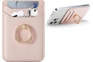 Crymow Credit Card Holder for Phone Case,RFID Sticky Wallet Phone Case Stick on Most Smartphone,Adhesive Wallet Attachment for Phone Case with Finger Ring Stand for iPhone&Galaxy,Vegan Leather-Pink