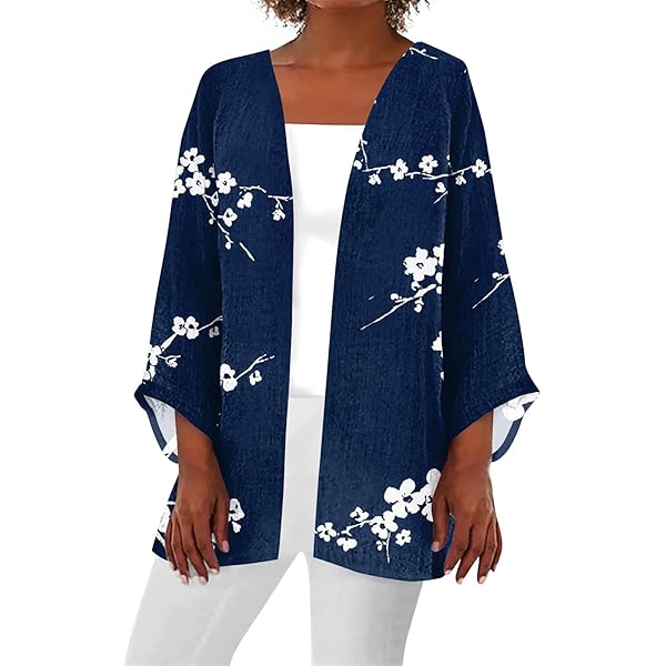 Ihomeu Kimono Cover Up Japanse Stijl - Bloemenprint Vest Met 3/4 Mouwen Voor Vrouwen