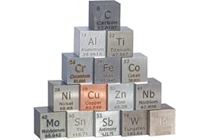 TANOSHII 15 Pieces Element Cube Set 10mm Density Cubes Up to 99.99% Pure Metal Periodic Table Metal Cubes Tungsten Cube, Titanium, Bismuth, Aluminum, Copper, etc for Element Collections Hobbies DIY