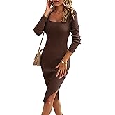 VintageClothing Women's 2026 Fall Long Sleeve Sweater Dress Square Neck Side Slit Bodycon Ribbed Knit Slim Fit Midi Dress