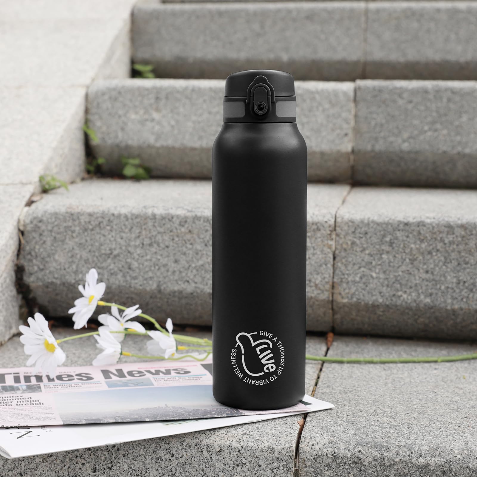 UZSPACE Edelstahl Trinkflasche 1l (970ml), Isolierte Thermosflasche mit 1-Klick-Öffnung, 100% Auslaufsicher, Sport Wasserflasche für Wandern Sport Fitness Gym Outdoor, Schwarz 7