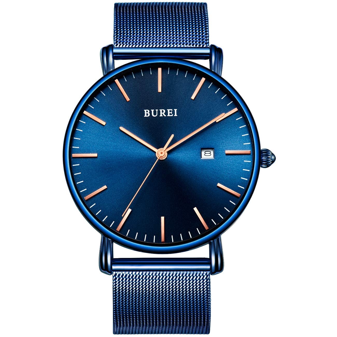 BUREI Men's Watches, Classic Analogue Dial with Date Japanese Quartz and Ultra-Thin Stainless Steel Mesh Band (Blue Sun Gold, Stainless Steel)
