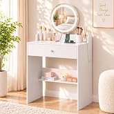Small Vanity Desk With Power Outlets, Makeup Table for Girls, White | 23.6" W x 15.7" D x 46.5" H, LED Adjustable Mirror, Dressing Table with Storage Drawers, for Bedroom Bathroom