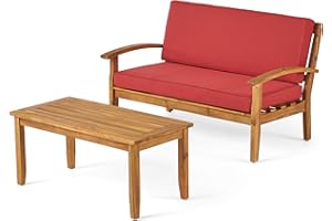 Christopher Knight Home Peyton Outdoor Acacia Wood Loveseat and Coffee Table Set with Water Resistant Cushions, Teak Finish / Red
