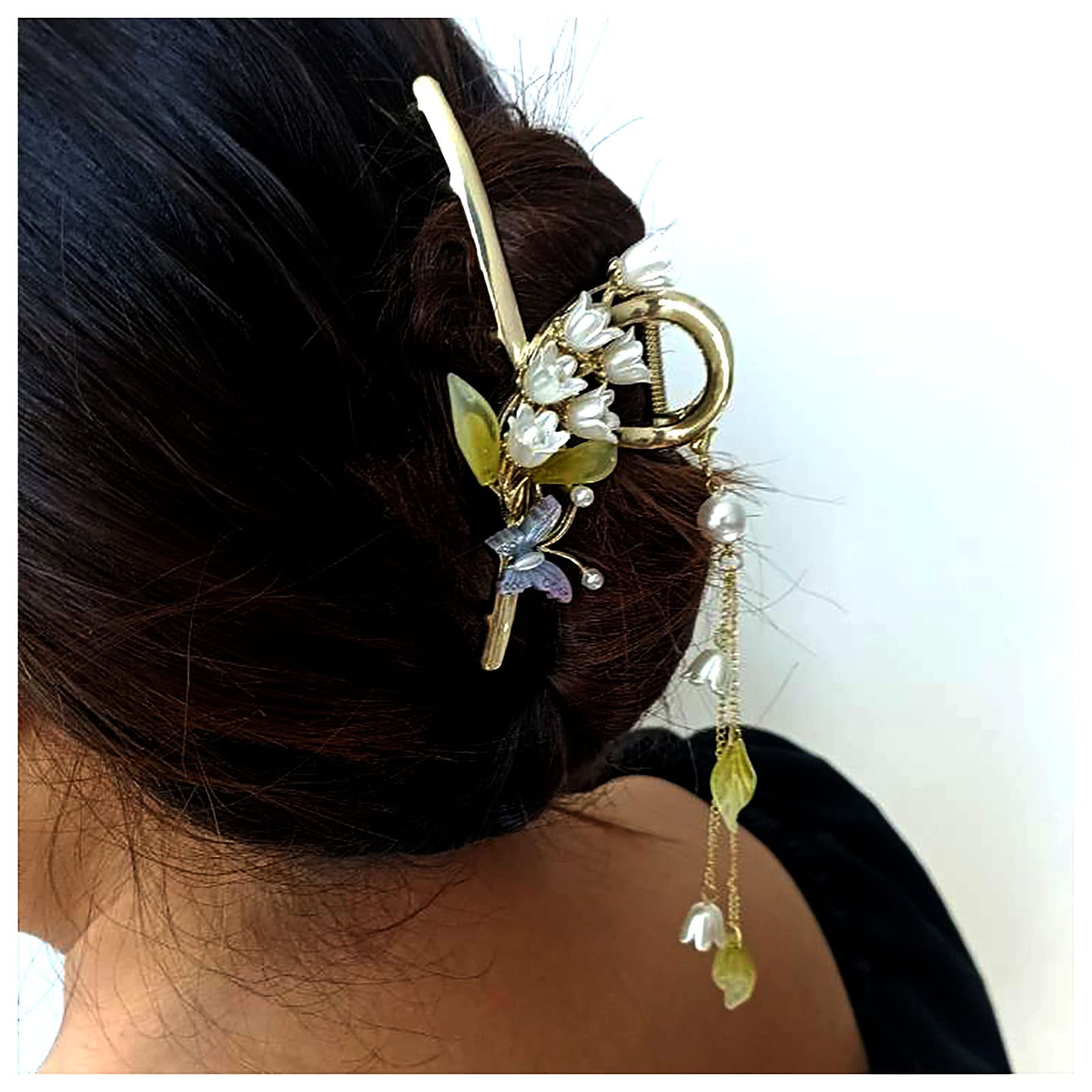 Butterfly Flower Hair Barrettes Vintage French Pearl Ginkgo Leaf Tassels Claws Floral Hair Clips Accessories for Women Girls (Style C)