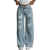 GORGLITTER Girl's Baggy Jeans Wide Leg Ripped Frayed Trim Low Rise Cute Y2K Denim Bottoms Pants Trouser with Pockets
