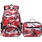 BLUEFAIRY Kids Backpack with Lunch Box for Boys Girls Elementary School Bags Set with Insulated Lunch Bags Large Campartments for Daughter Son Mochila Escolar para Niños Camo Red