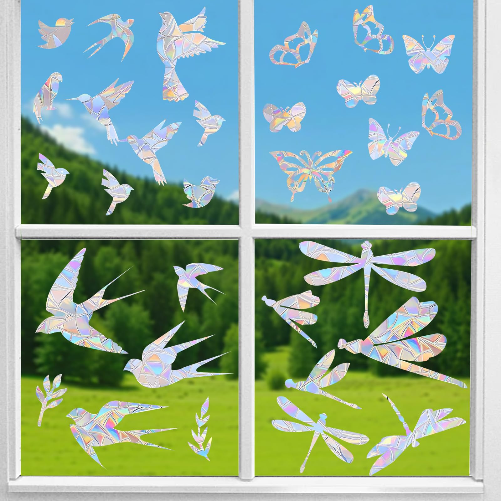 KASESSS 46 Pieces Window Stickers to Deter Birds, Anti Collision Window Clings, 3D Rainbow Window Dticker, Double Sided Static Window Decals, Reusable Suncatcher Stickers, Glass Stickers for Windows