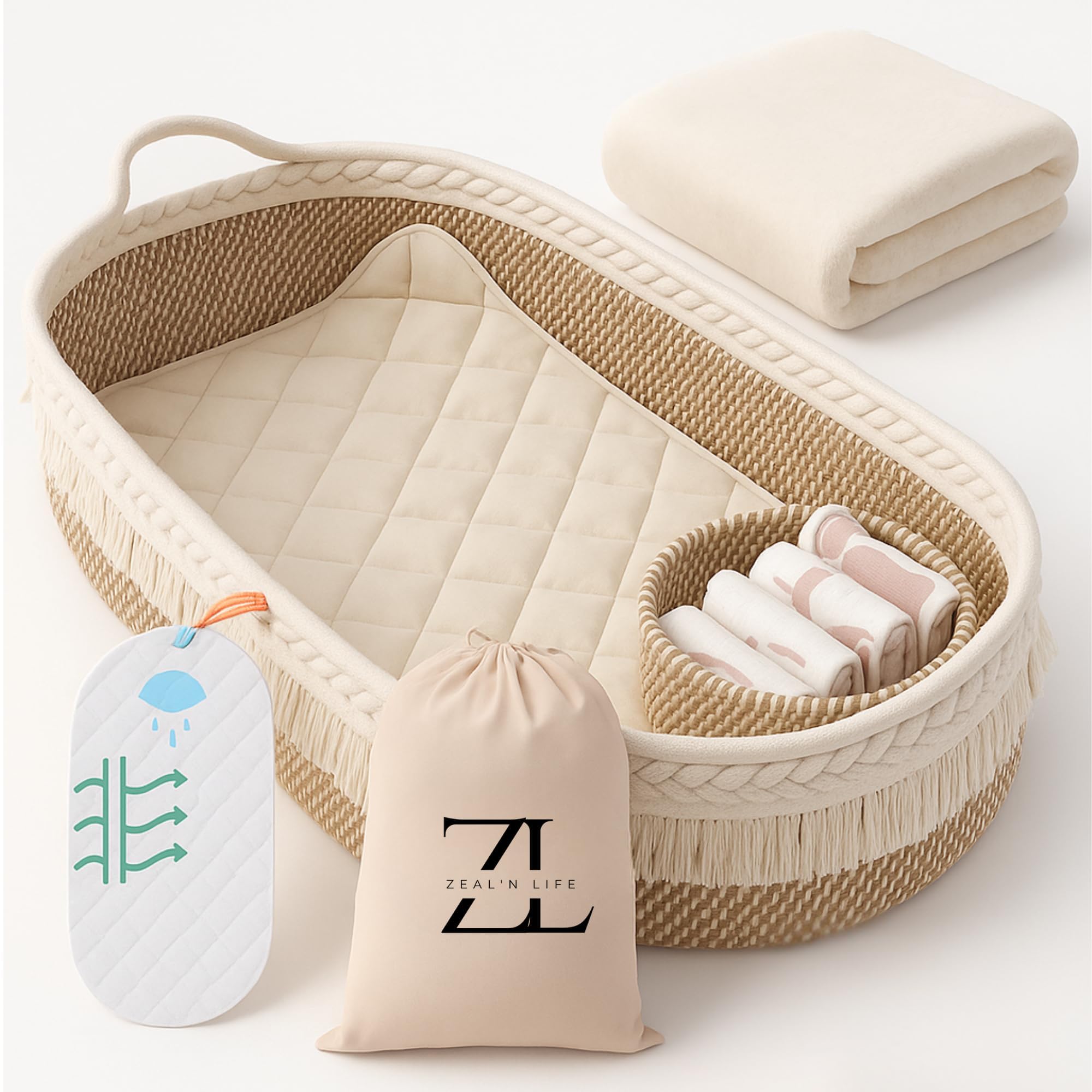 Photo 1 of ZEAL'N LIFE Baby Changing Basket with Waterproof Pad, Baby Diaper Caddy Organizer, Blanket & Cotton Bag, Portable Changing Table Topper, Moses Basket, Changing Pad, (Beige)