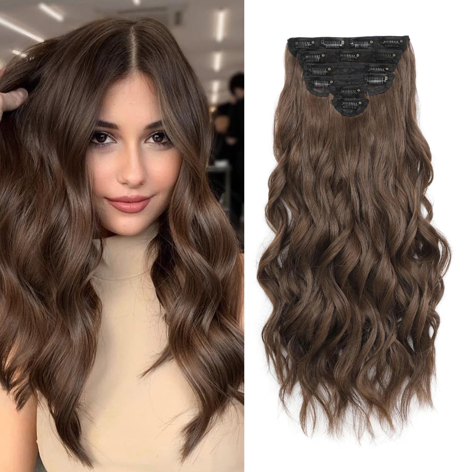 Photo 1 of Fliace Clip in Hair Extensions for Women Chestnut Brown Long Wavy Hair Extensions Clip Ins 6PCS 20 Inch Synthetic Soft and Natural Thick Hair Pieces for Women