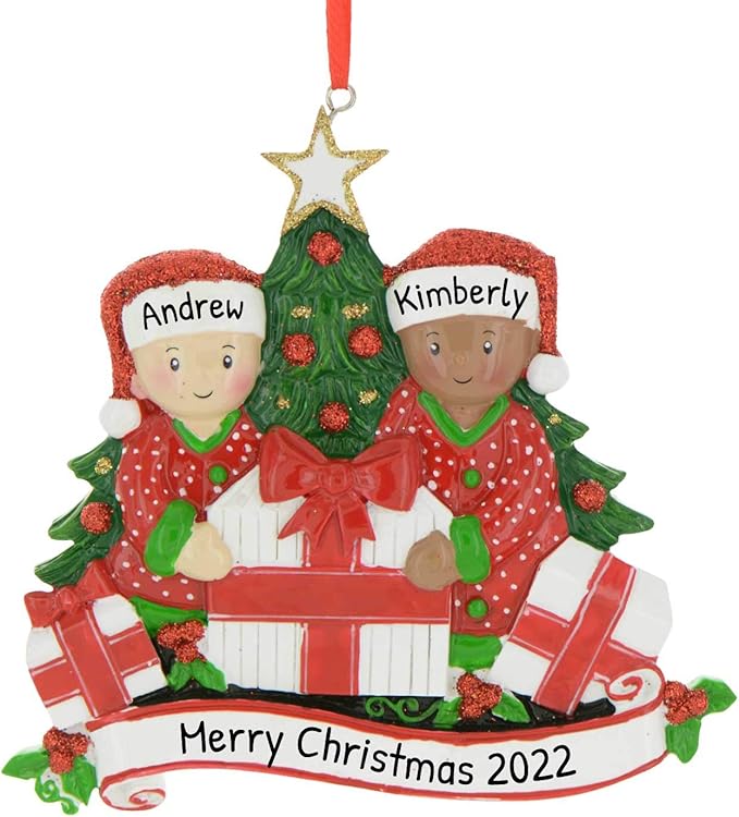 Personalized Mixed Race Opening Presents Family of 2 Tree Ornament 2020 Romantic