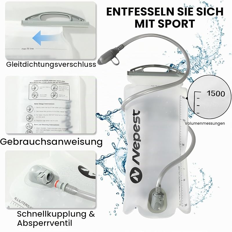 Trinkrucksack Kinder mit 1,5L Wasserblase, Atmungsaktiv, Blau