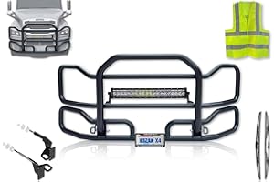 KOZAK Freightliner Cascadia 2018+ (without Fogs) Black Front Grille Deer Moose Brush Bumper Guard Large PLUS 22" LED Light Bar, Bracket, Logo, Wipers, License Plate Holder & Frame, Vest