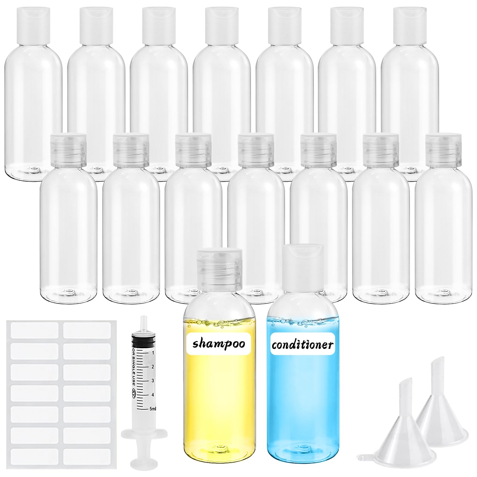 50ml Travel Bottles for Toiletries, 16Pcs Small Plastic Bottles, Empty Containers for Liquids with Syringe Funnel Label, Flip Squeeze Cap, Refillable Transparent Travel Bottle for Lotion Cosmetic