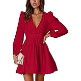 FAIABLE Mini Deep V Sexy Long Sleeve Dress for Women A-line High Waisted Casual Flowy Dress for Cocktail Wedding Guest