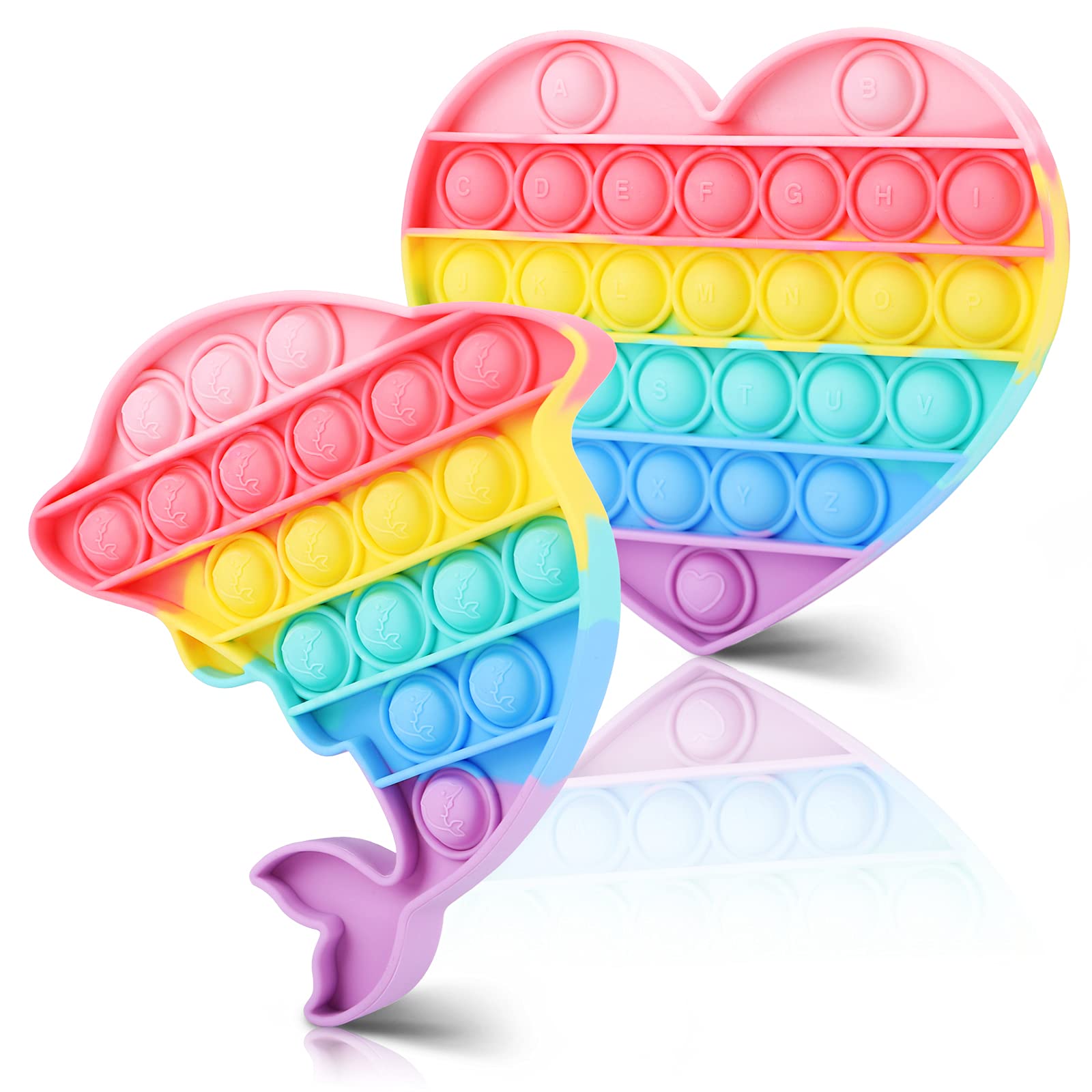 HOUT 2 Pack Sensory Pop Poppets lt Fidget-Toys - Dolphin and Heart Stress Relief Toys | Bubble Rainbow ADD Special Needs Anxiety Toy Party Bag Fillers for Kids