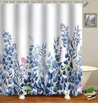 WELTRXE Blue Eucalyptus Shower Curtain 183x183 cm with 12 Hooks