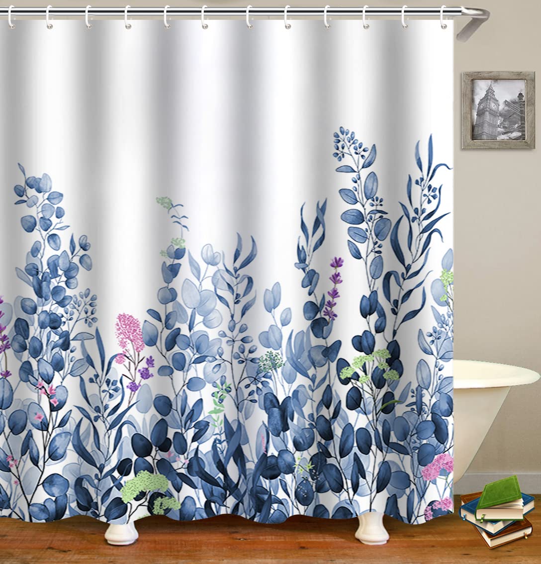 WELTRXE Shower Curtains, Bathroom Shower Curtain with 12 Hooks, Waterproof Polyester Fabric Bathtub Curtain, Weighted Hem, Quick Dry, Mildew & Mold Resistant, Home Decor, 183x183cm, Blue Eucalyptus