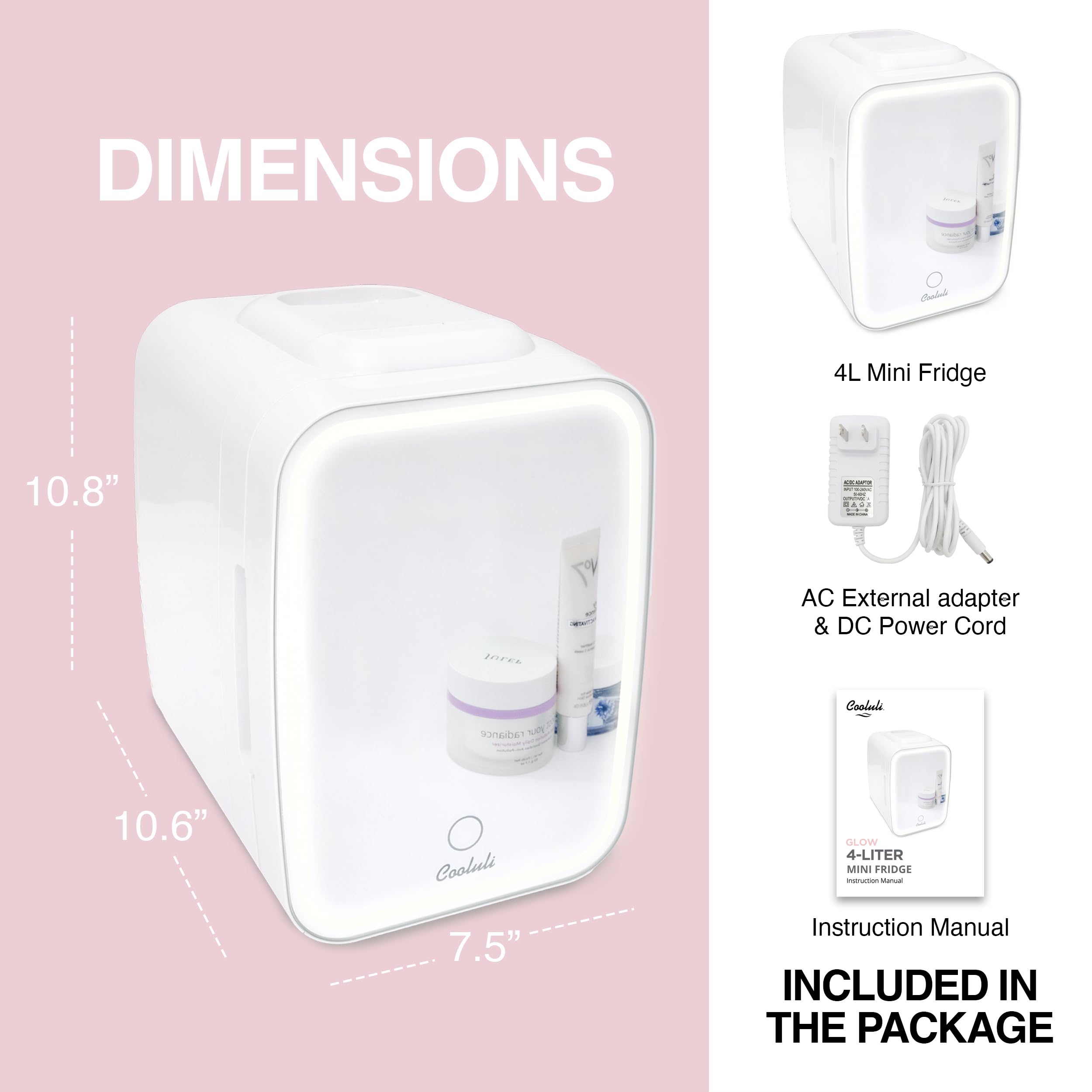 Cooluli CL4L2WM-E Glow 4L Mini Fridge, 4 Liter, White Mirror LED