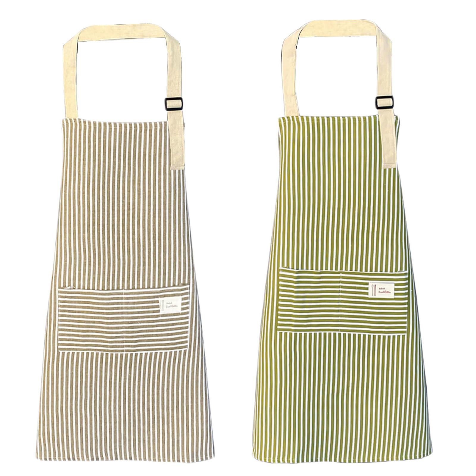 qipuneky Set of 2 Women's Kitchen Aprons with Pocket, Cotton Linen Apron for Cooking, Baking, Painting, Housework, Green + Grey