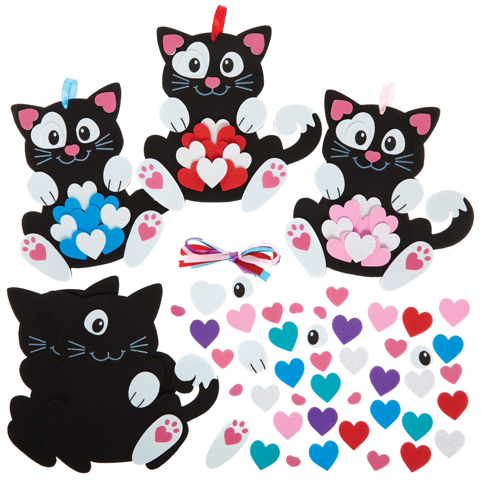 Baker Ross FX116 Love Heart Kitten Decoration Kits - Pack of 5, Valentine's Day Foam Craft Decoration