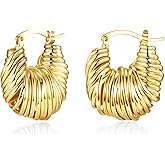18K Gold Plated Boho Chunky Leaf Floral Geometric Textured Basket Weave Braided Dangling Statement Earrings for Women by SNGIA, Wavy Handmade Trendy Ribbed Fan Dangle Hoop Jewelry Gifts, Summer Round Oval Square African Beachy Vacation Flower Fashion Accessories, Vintage Thick Bohemian Nickle Free Huggie Earring.