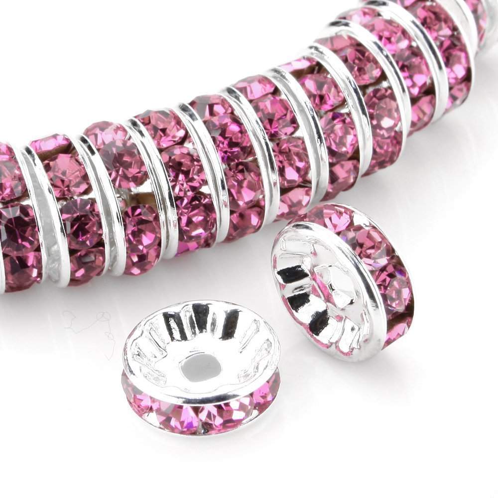 RUBYCA 100pcs 10mm A+++ Round Rondelle Spacer Charm Beads Silver Tone Light Rose Pink Czech Crystal — image 1
