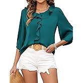 ZAFUL Womens Dressy Casual Blouses 3/4 Length Sleeve V Neck Ruffle Trendy Blose Top Shirt