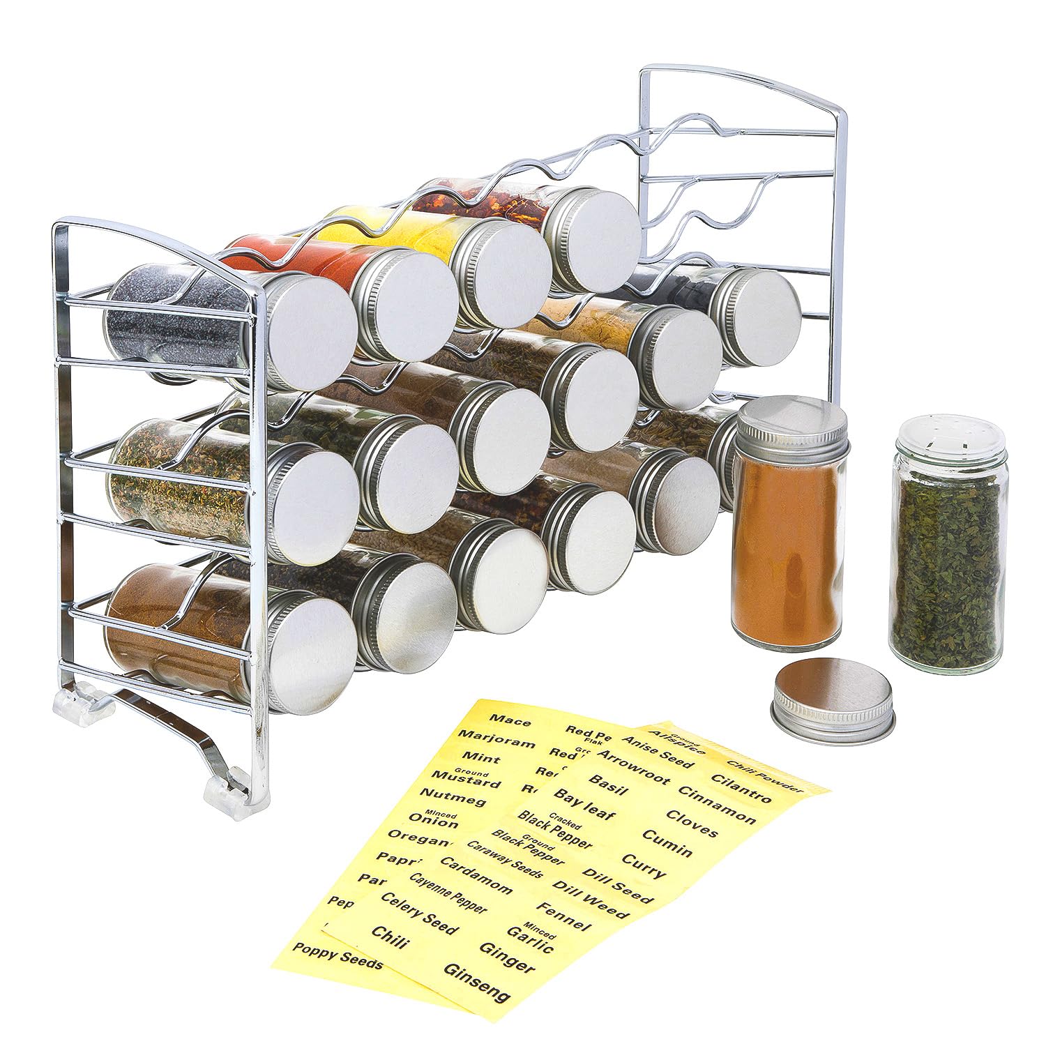 Amtido Spice Rack Storage - 3 Tier Metal Spice Rack Organiser with 18 Empty Glass Jar Bottles and 48 Sticker Labels - Stylish Herbs and Spices Organiser for Kitchen Cupboard Island and Pantry – Chrome