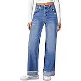 Sidefeel Women's Wide Leg Jeans High Waisted Stretchy Distressed Straight Leg Folded Hem Loose Denim Pants