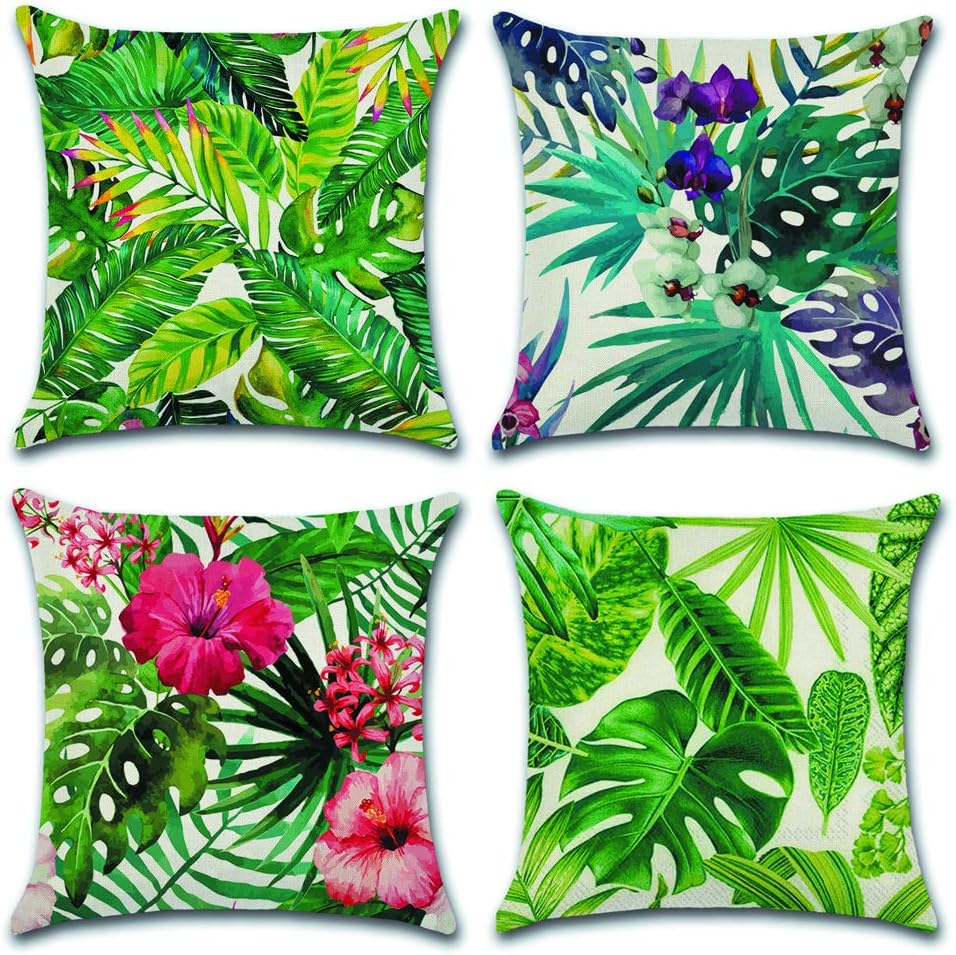 HuifengSLinen Throw Cushion Pillow Covers Square Pillowcase Tropical Rain Forest Plant Botany Decorative for Sofas Beds Chairs Cushion Cover Set of 4, 18 x 18 Inch